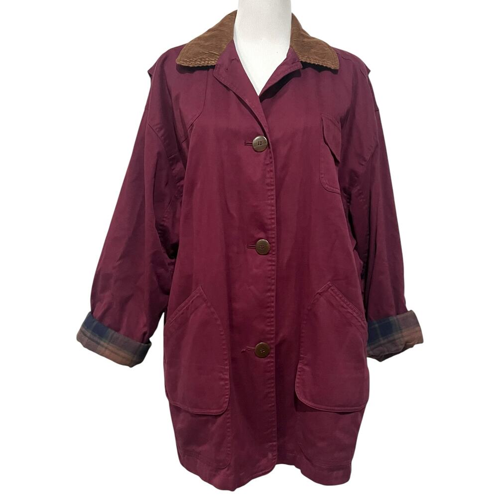 Vintage Women's M Chore Jacket Coat Outbrook Cotton Twill Burgundy Plaid Lined